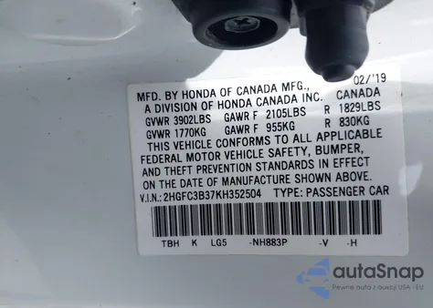 2019 Honda Civic Ex from USA, damaged, VIN 2HGFC3B37KH352504